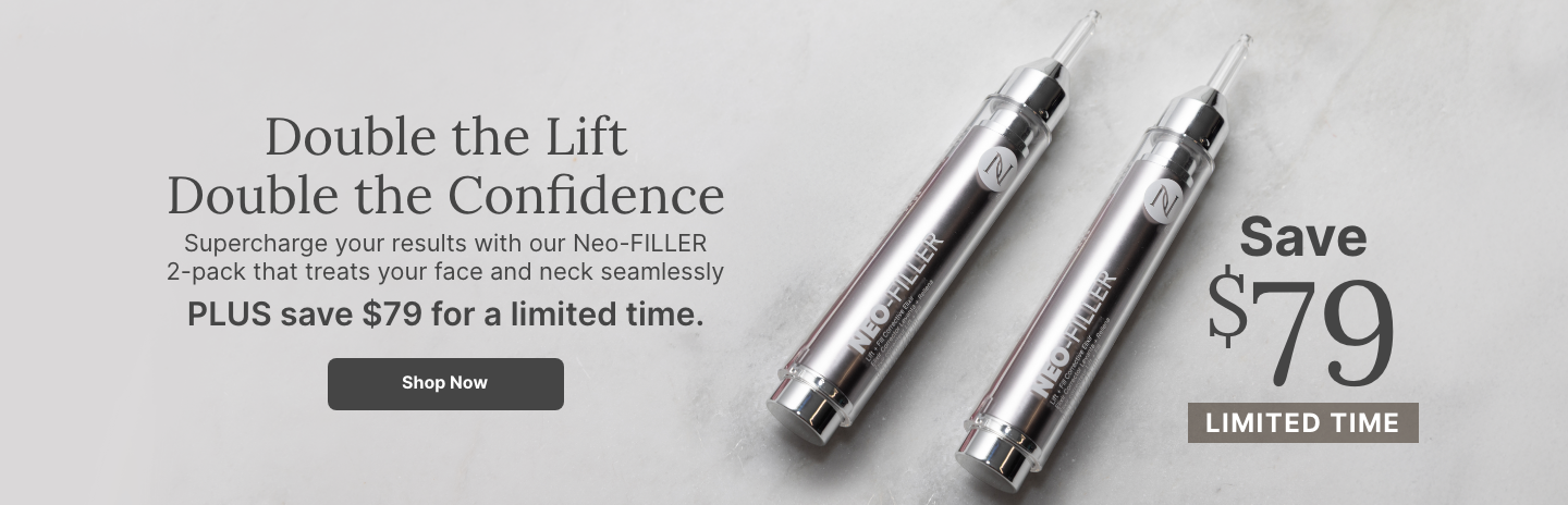 Two Neo-FILLER tubes displayed on white blocks with text reading, “Double the Lift. Double the Confidence.” It highlights a 2-pack with a limited-time $51 savings offer and a “Shop Now” button.